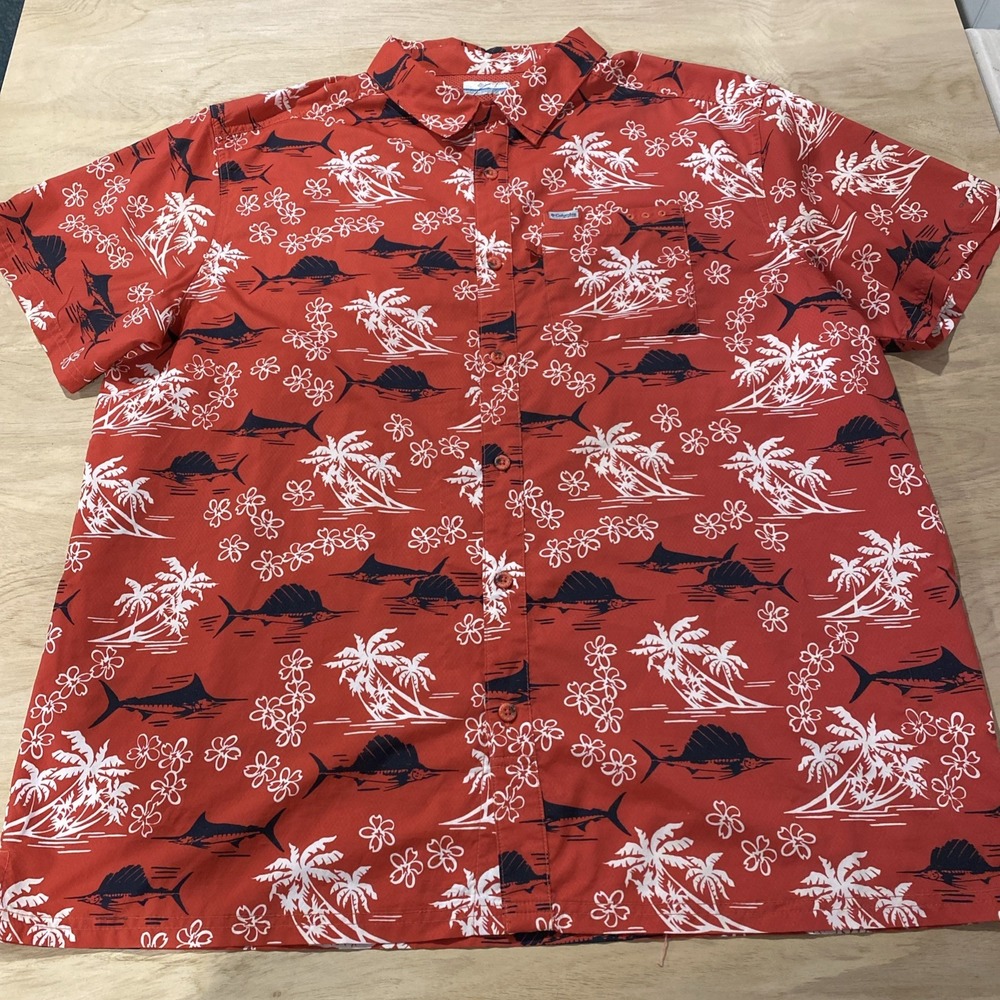 Columbia PFG Shirt Mens XL Red Navy White Vented Fishing Swordfish Palm Tree‎